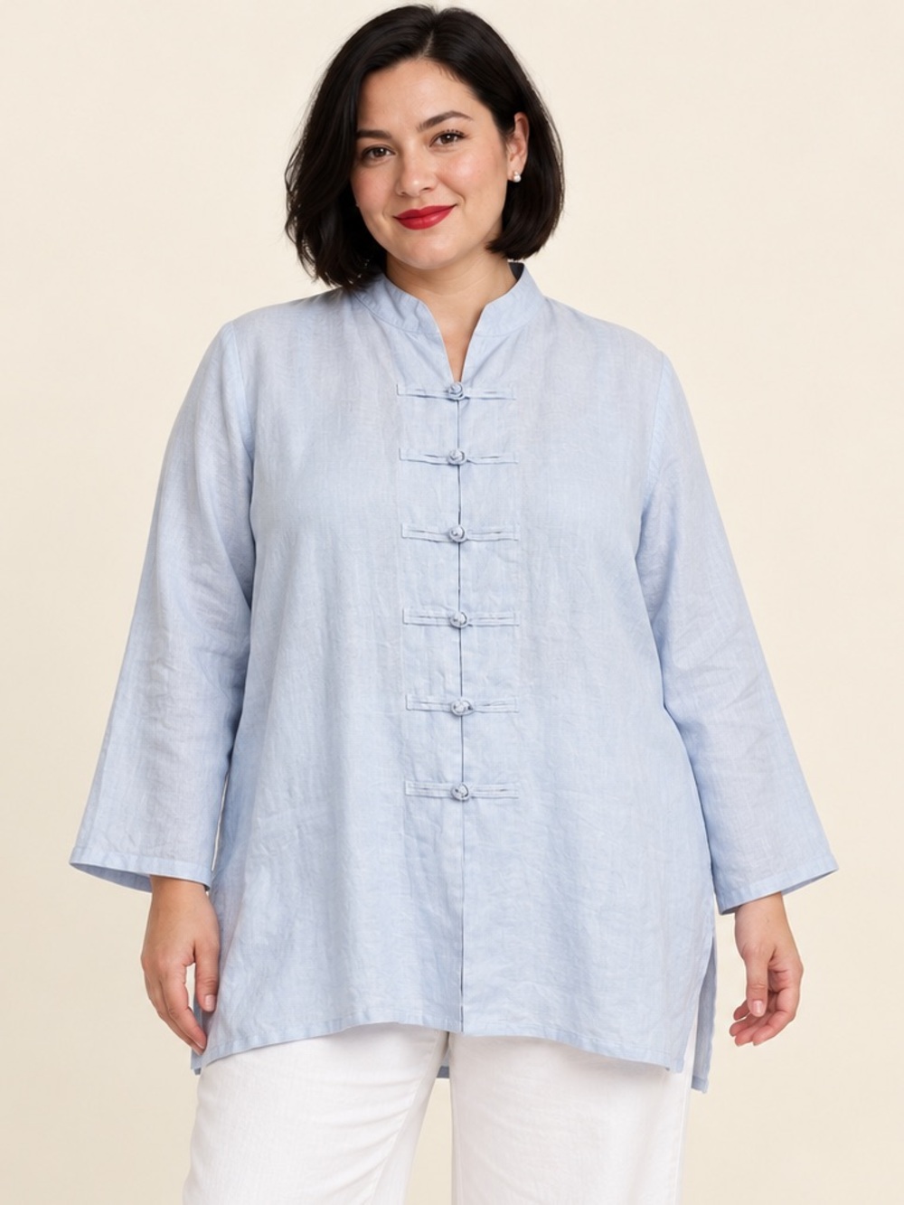 Anne Carson Woman 2X Baby Blue 100% Linen Mandarin Collar Tunic Top